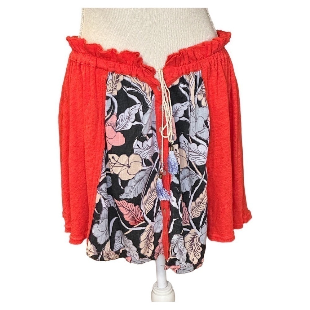 NWT✨Free People Linen Blend Red Floral Button Tassel Mini Skirt in Size Medium